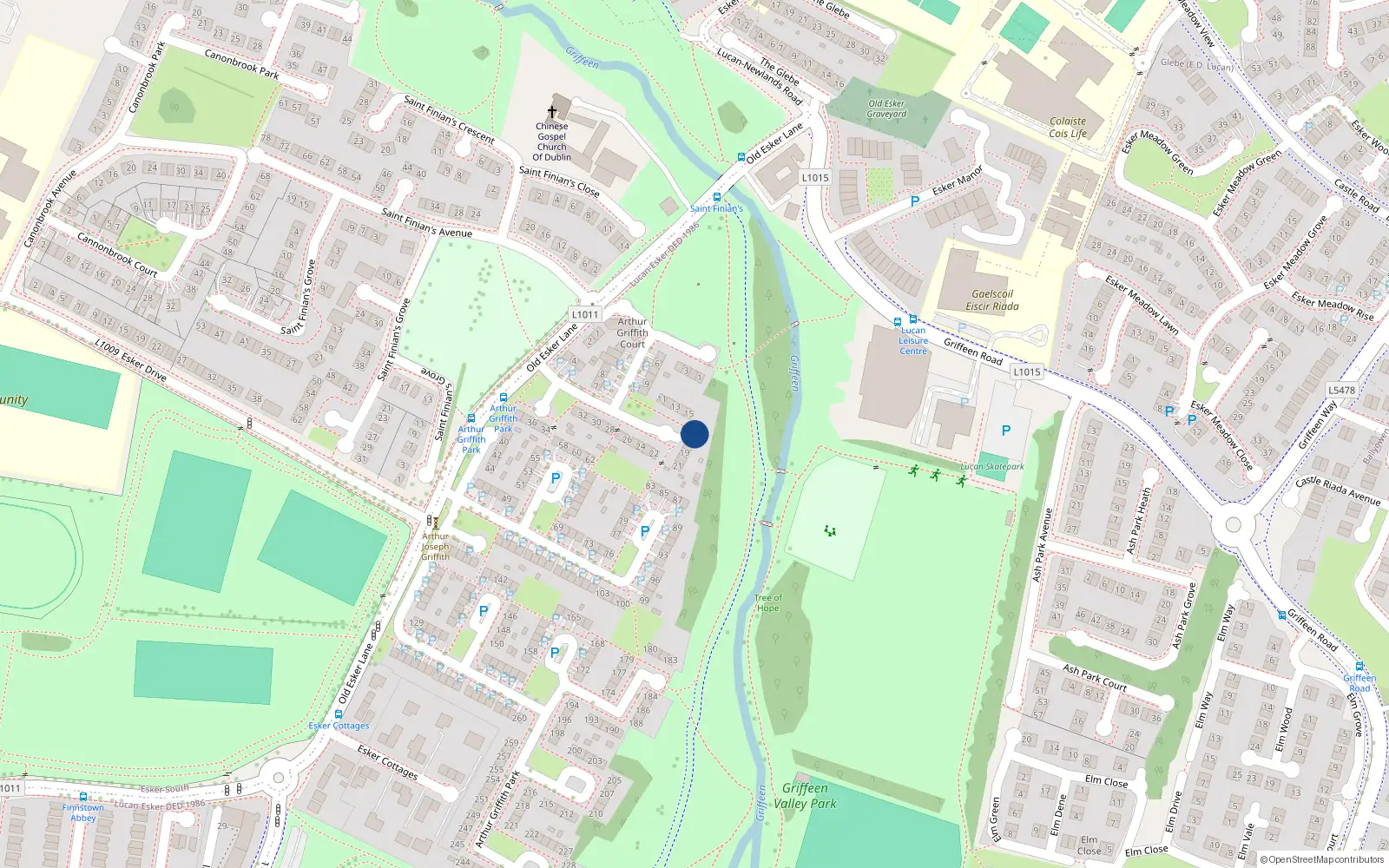 Overhead map showing the location of 16 Arthur Griffith Park, Lucan