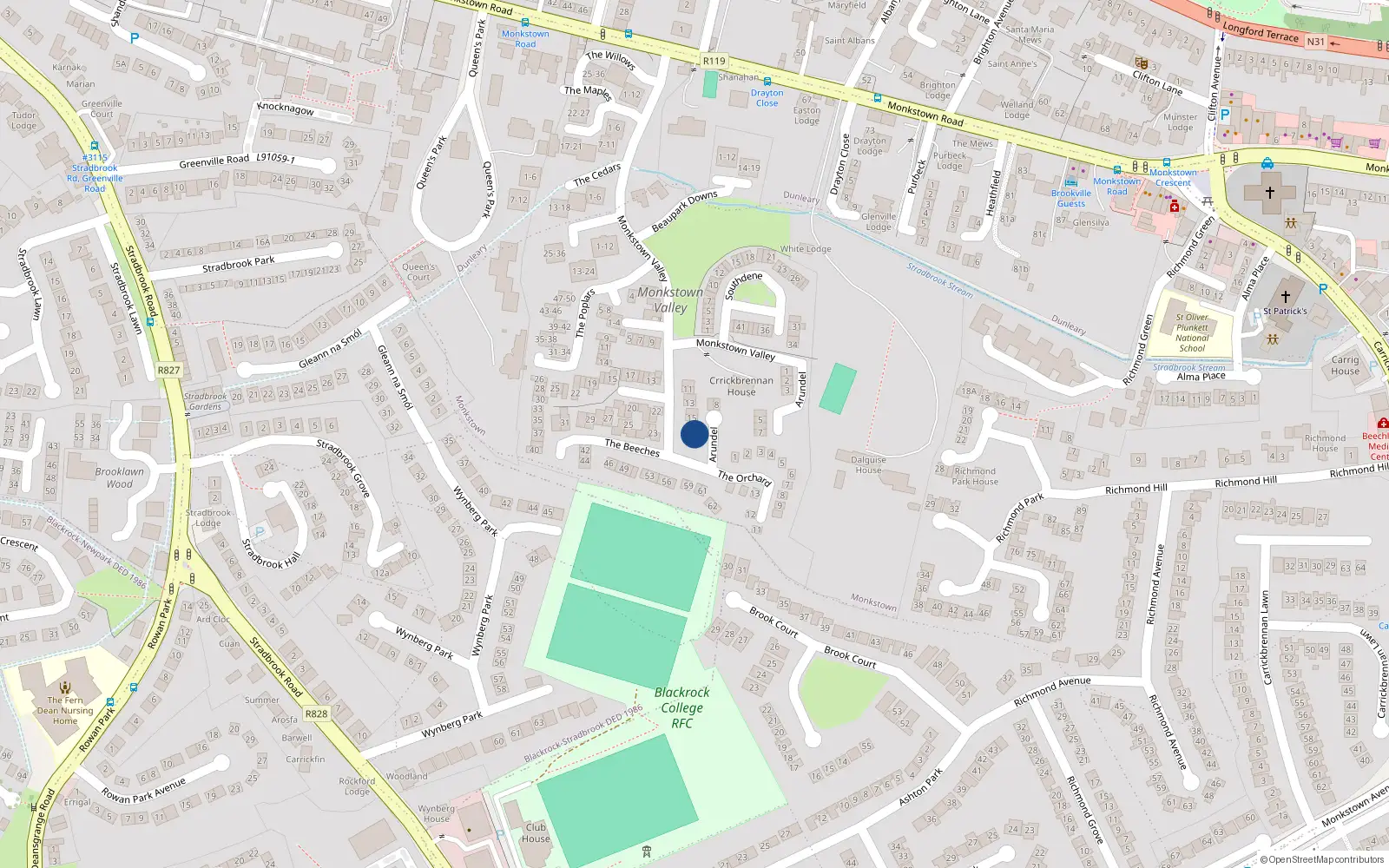 Overhead map showing the location of 16 Arundel, Monkstown