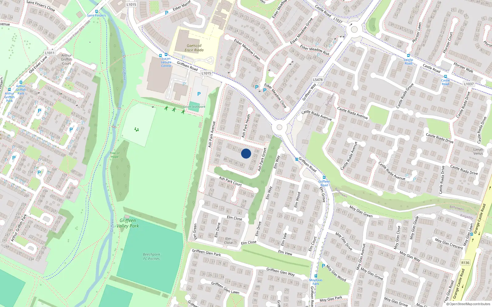 Overhead map showing the location of 16 Ash Park Grove, Lucan
