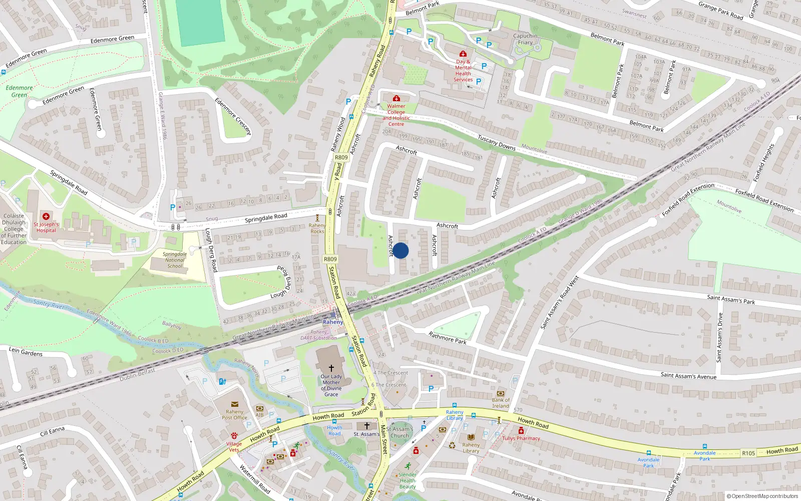 Overhead map showing the location of 16 Ashcroft, Raheny, Dublin 5