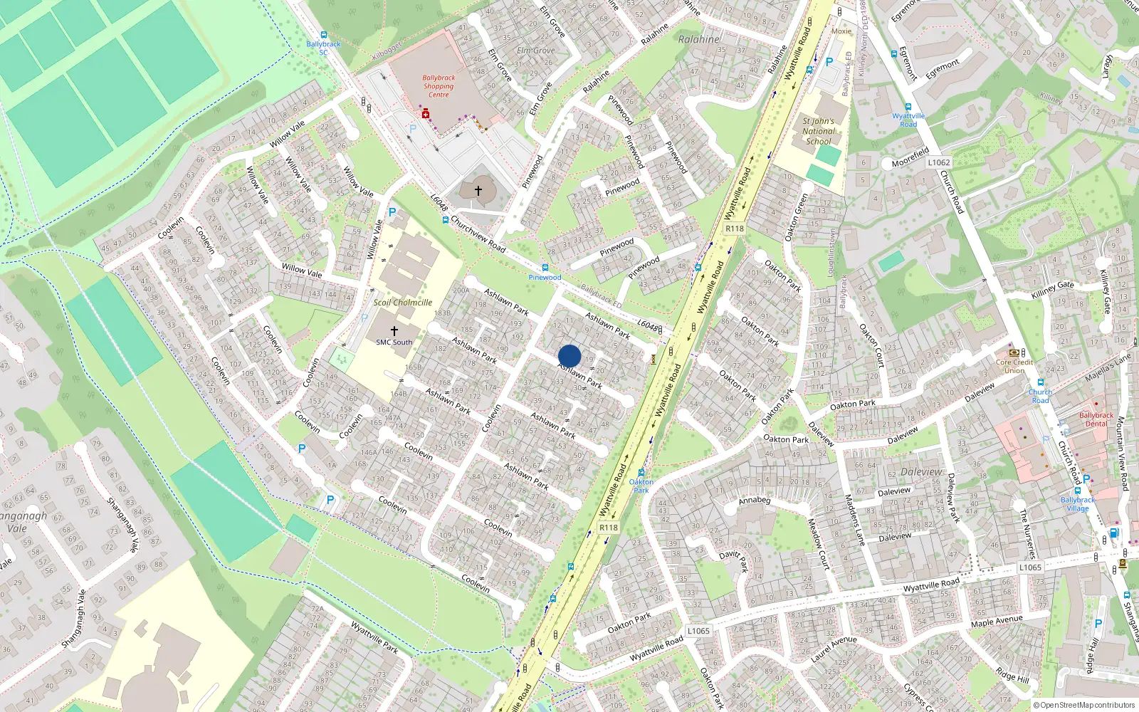 Overhead map showing the location of 16 Ashlawn Park, Ballybrack, Dublin