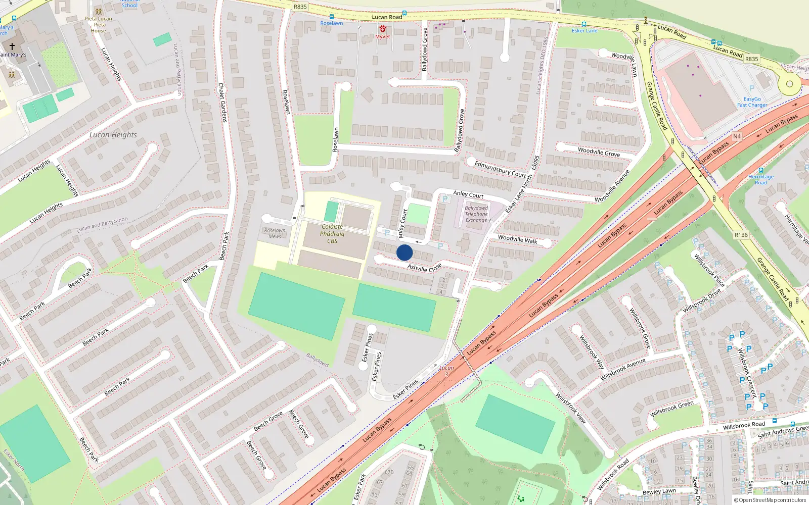 Overhead map showing the location of 16 Ashville Close, Ballydowd, Lucan