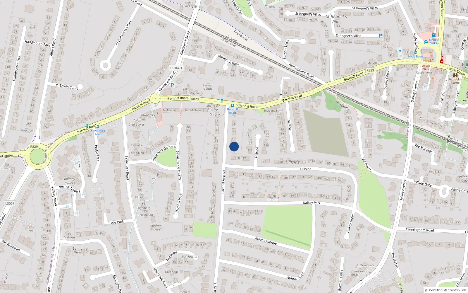Overhead map showing the location of 16 Barnhill Avenue, Dalkey