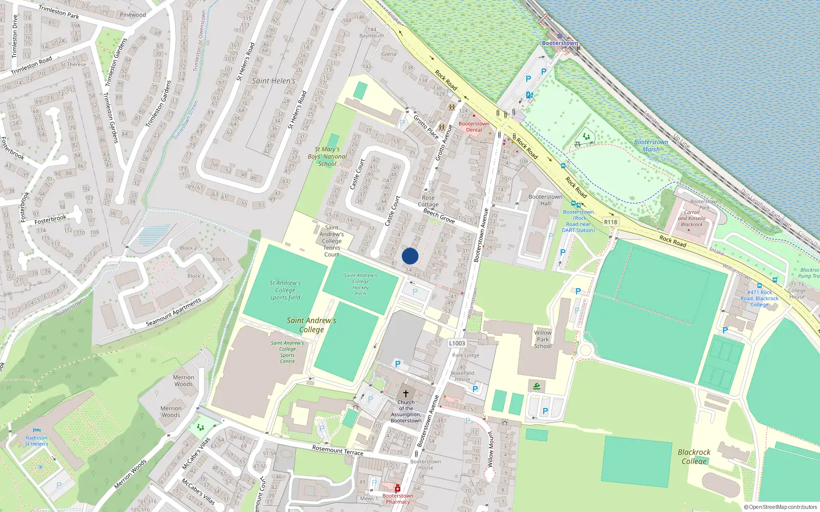 Overhead map showing the location of 16 Beech Grove, Booterstown