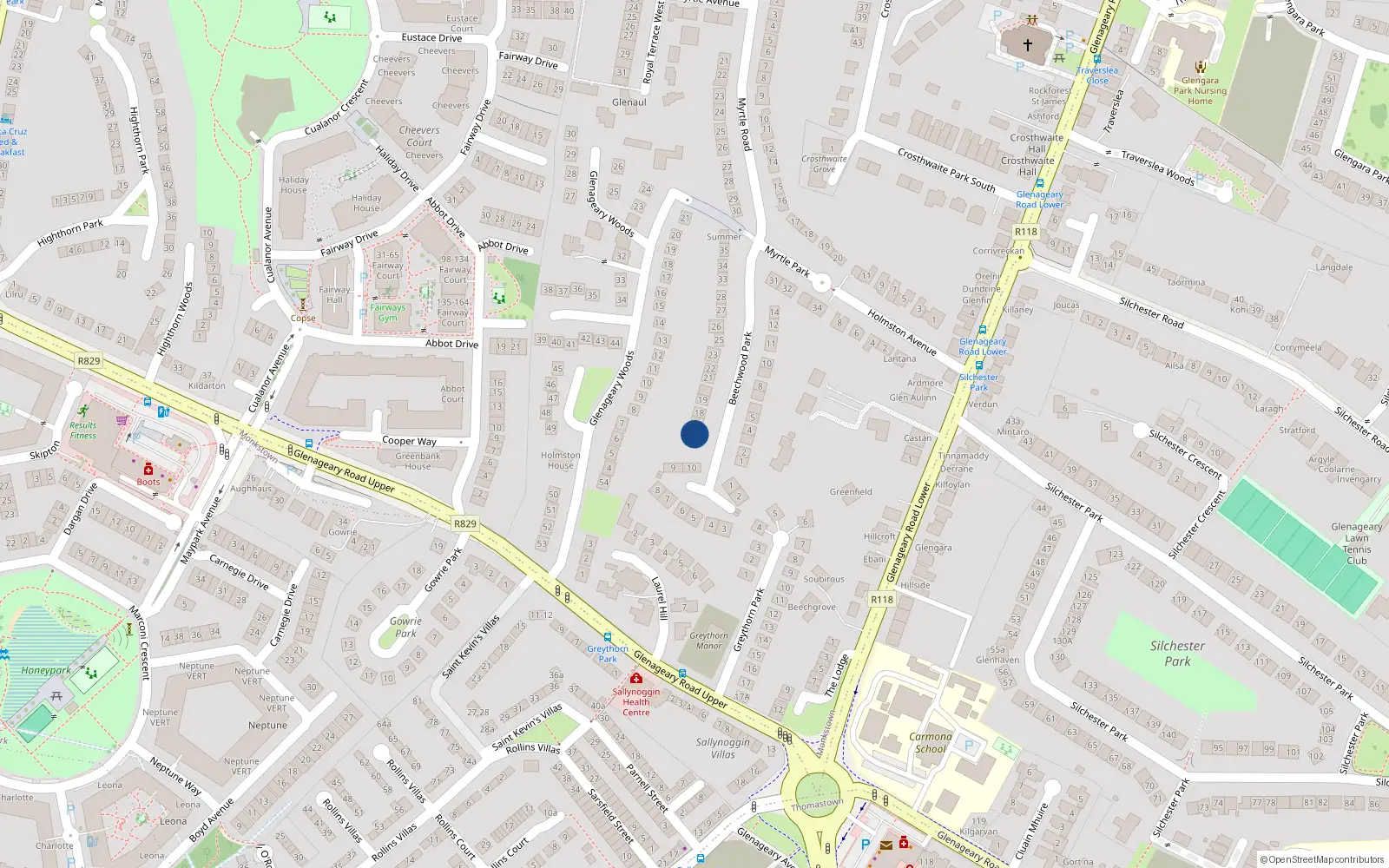 Overhead map showing the location of 16 Beechwood Park, Dublin