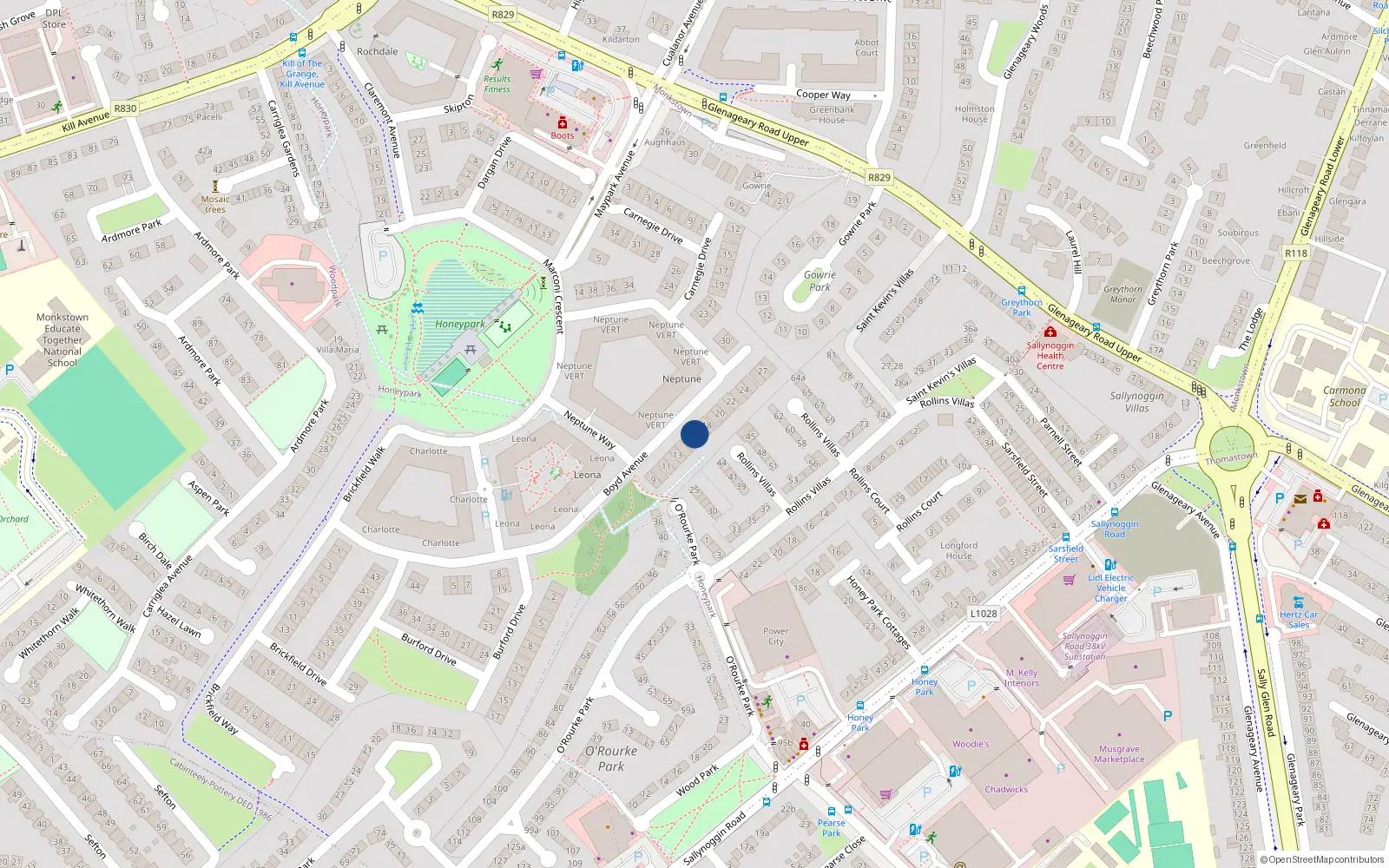 Overhead map showing the location of 16 Boyd Avenue, Honeypark, Dun Laoghaire