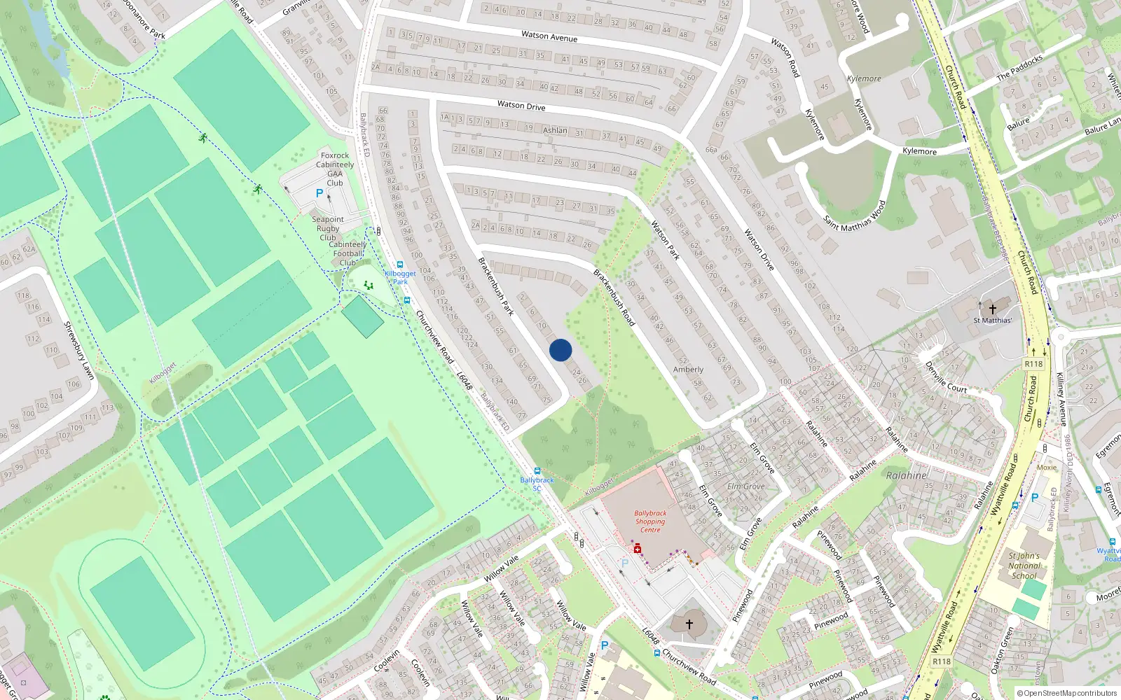 Overhead map showing the location of 16 Brackenbush Park, Killiney