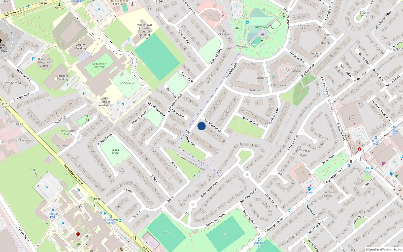 Overhead map showing the location of 16 Brickfield Drive, Dun Laoghaire