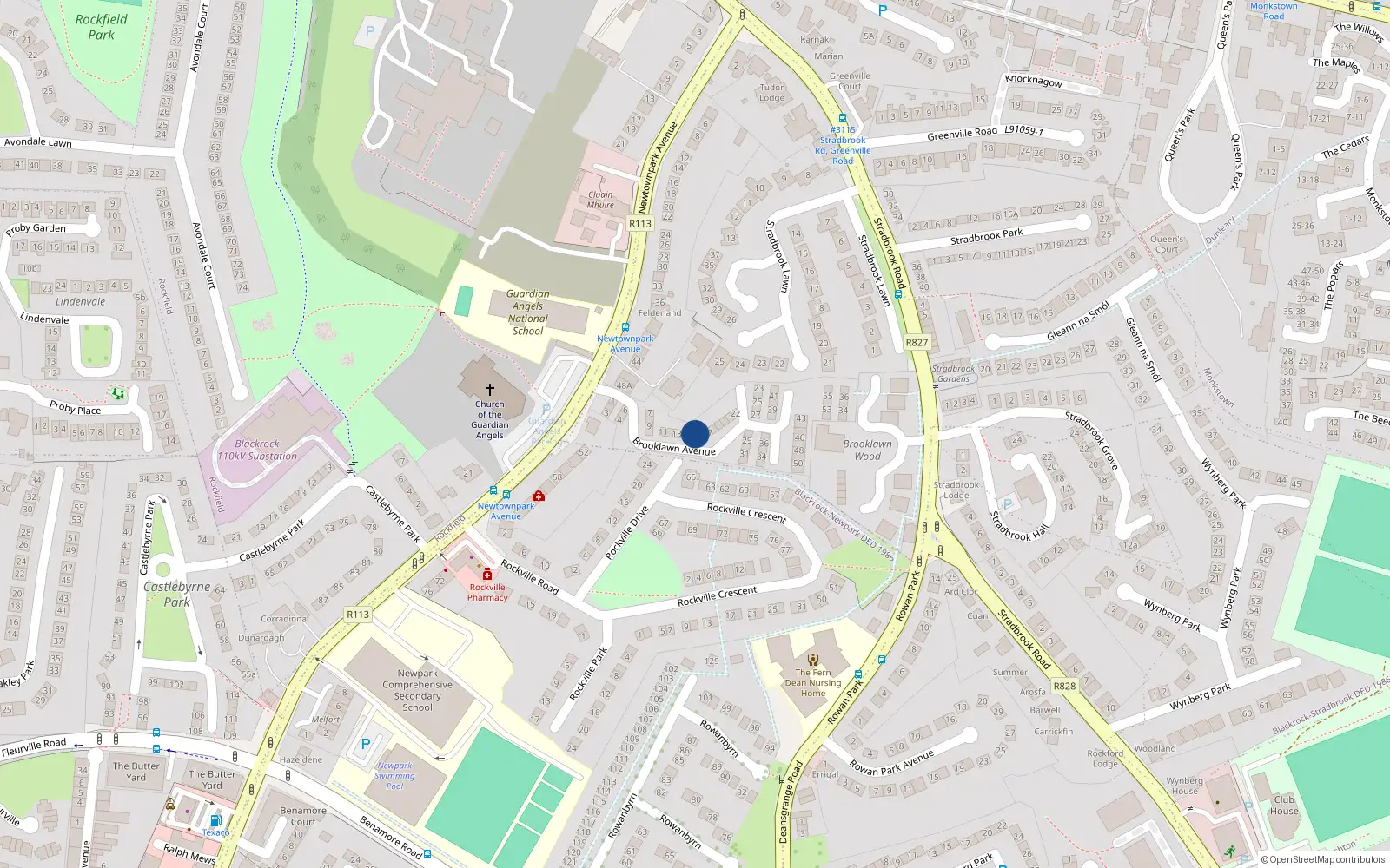 Overhead map showing the location of 16 Brooklawn Avenue, Blackrock