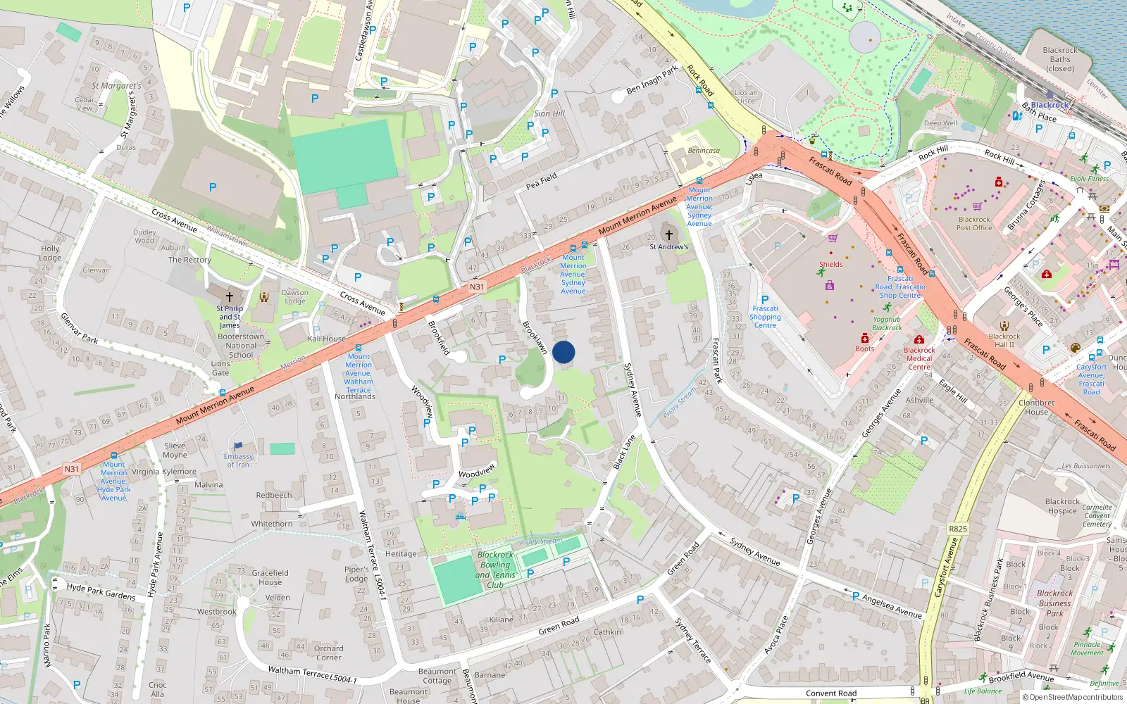 Overhead map showing the location of 16 Brooklawn, Mount Merrion Avenue, Blackrock