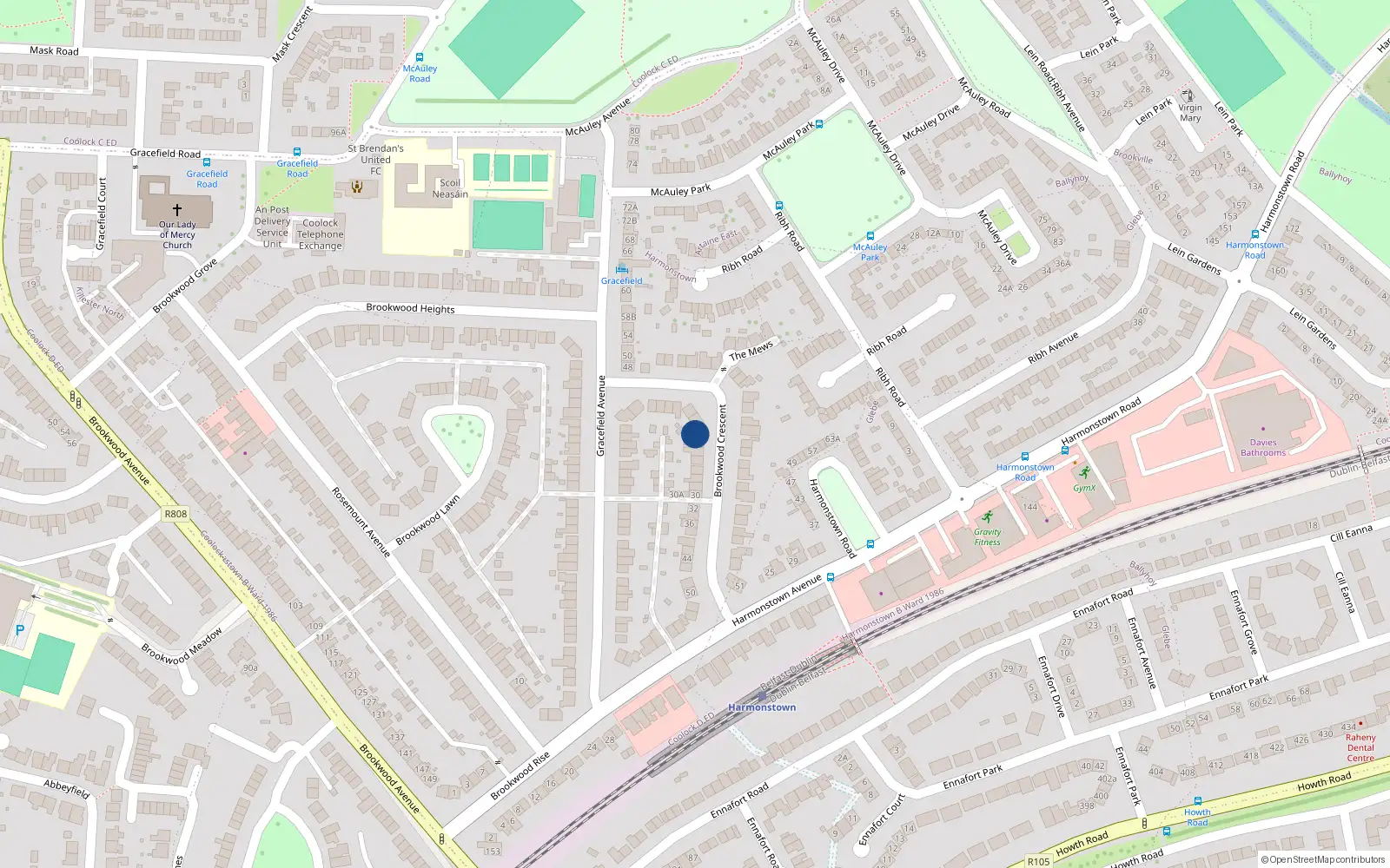 Overhead map showing the location of 16 Brookwood Crescent, Artane, Dublin 5