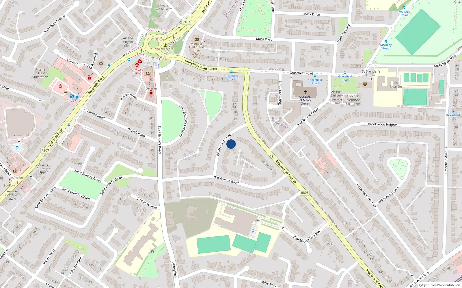 Overhead map showing the location of 16 Brookwood Drive, Artane, Dublin 5