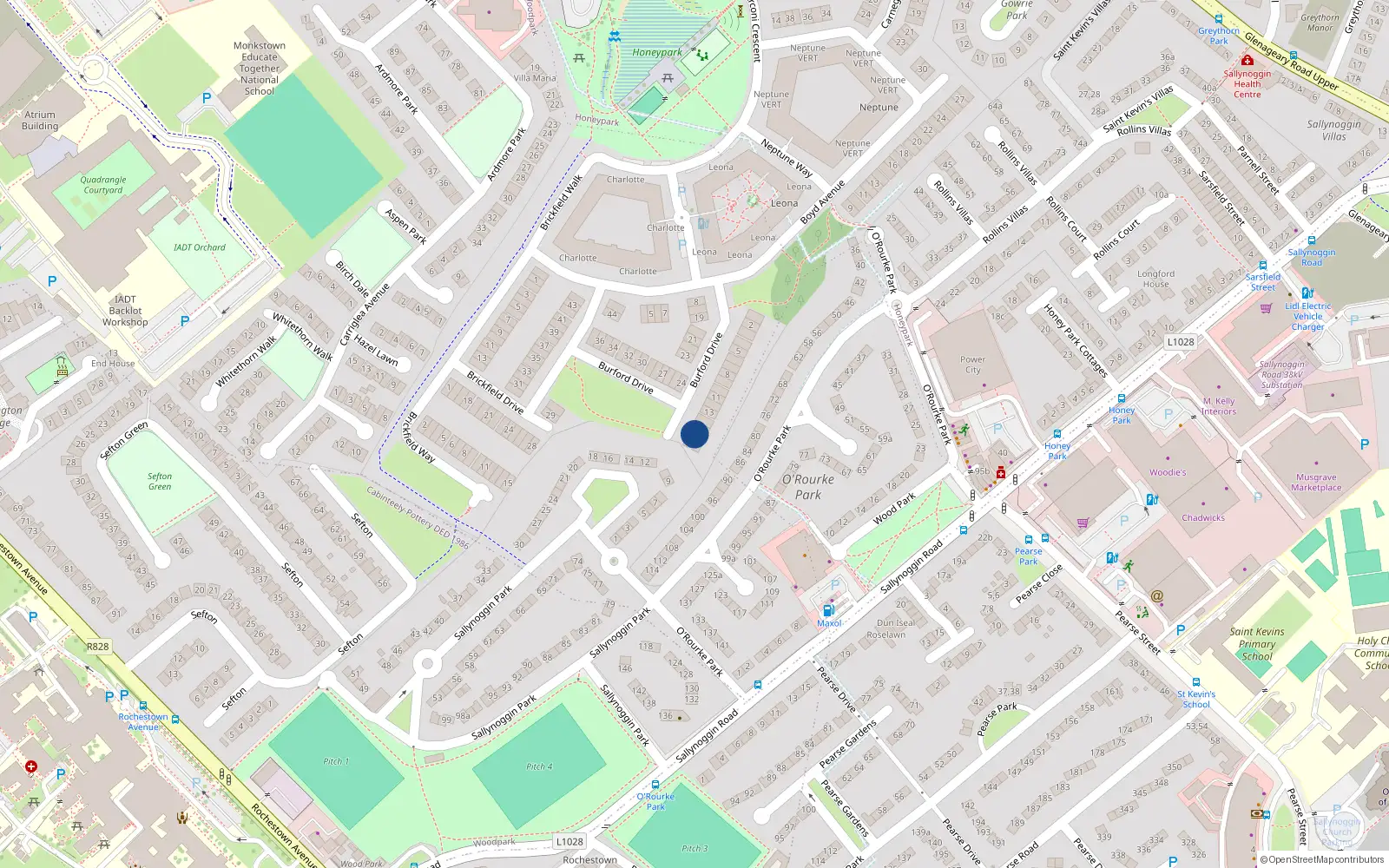 Overhead map showing the location of 16 Burford Drive, Dun Laoghaire