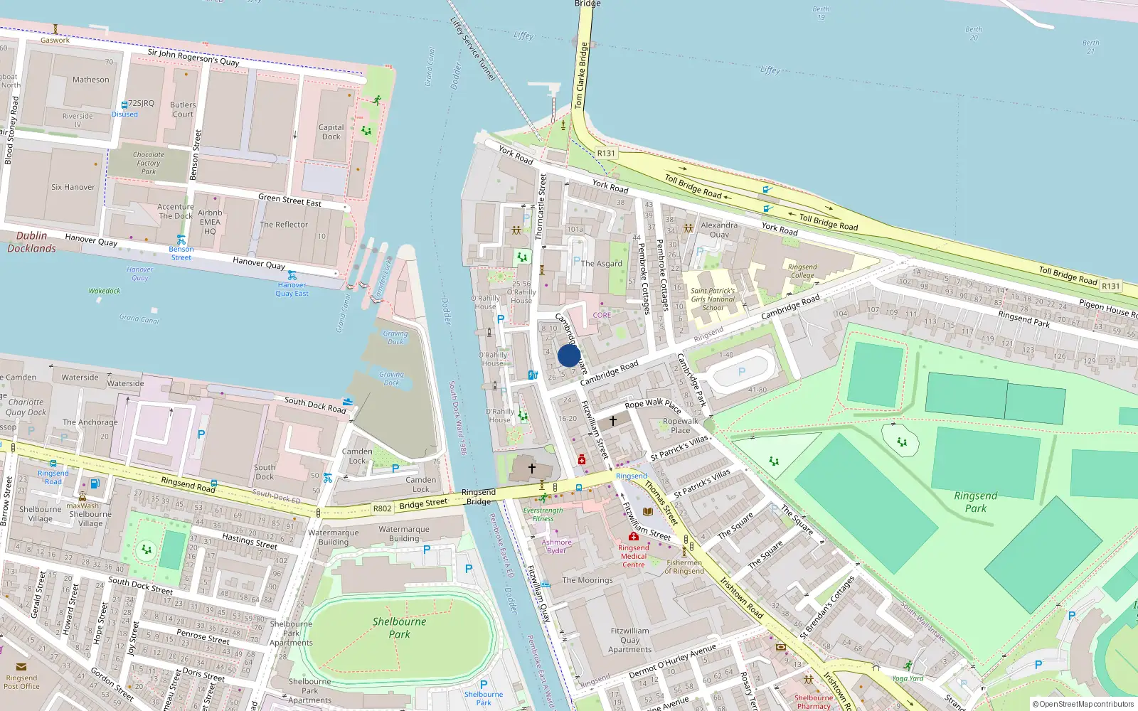Overhead map showing the location of 16 Cambridge Square, Ringsend