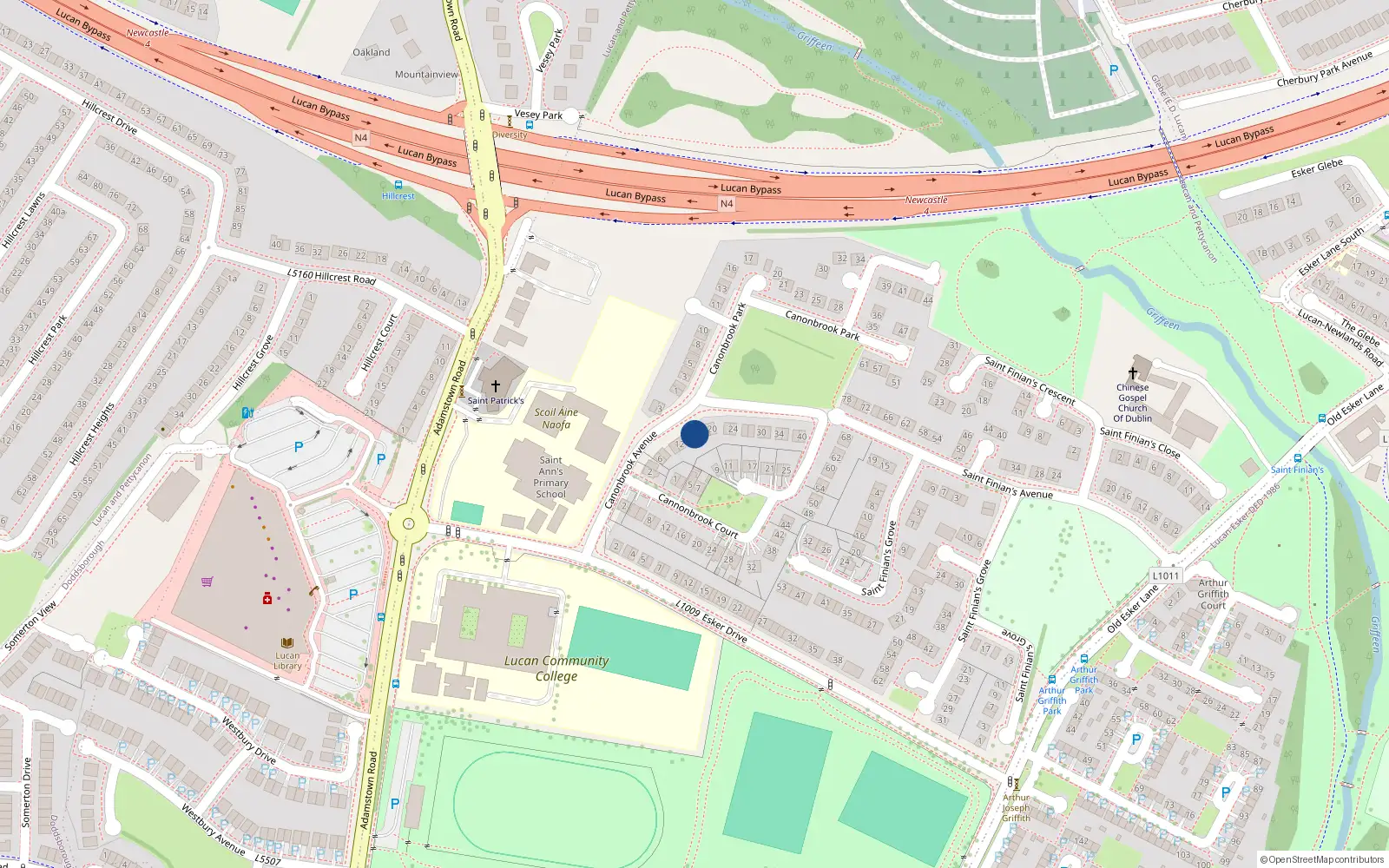 Overhead map showing the location of 16 Cannonbrook Court, Lucan