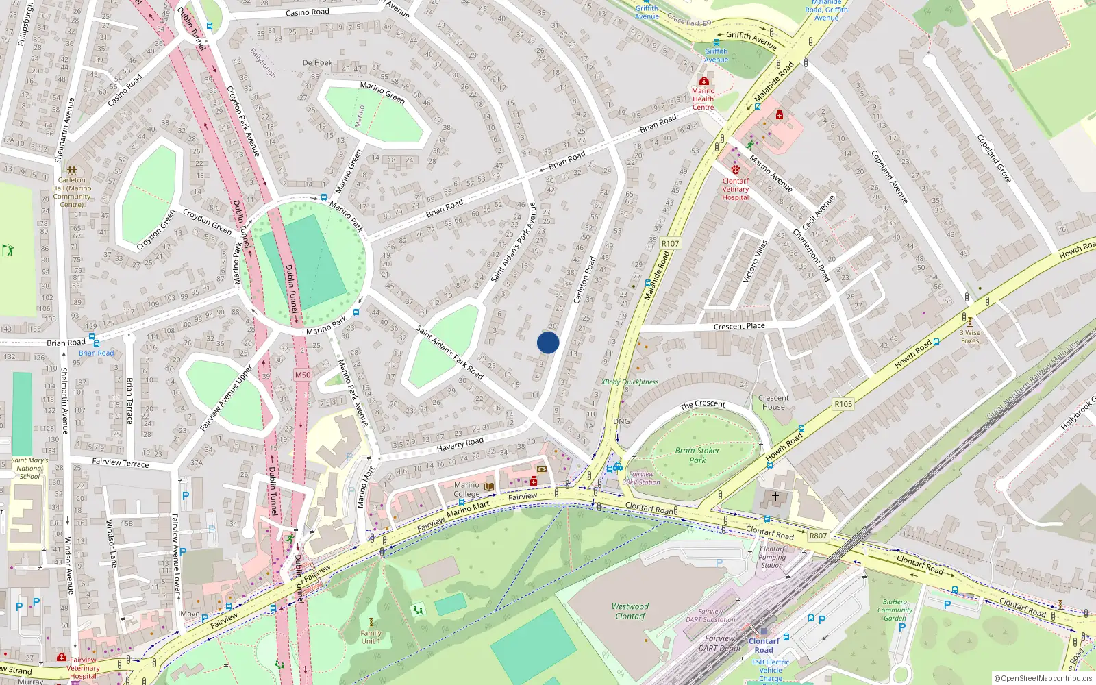 Overhead map showing the location of 16 Carleton Road, Marino, Dublin 3
