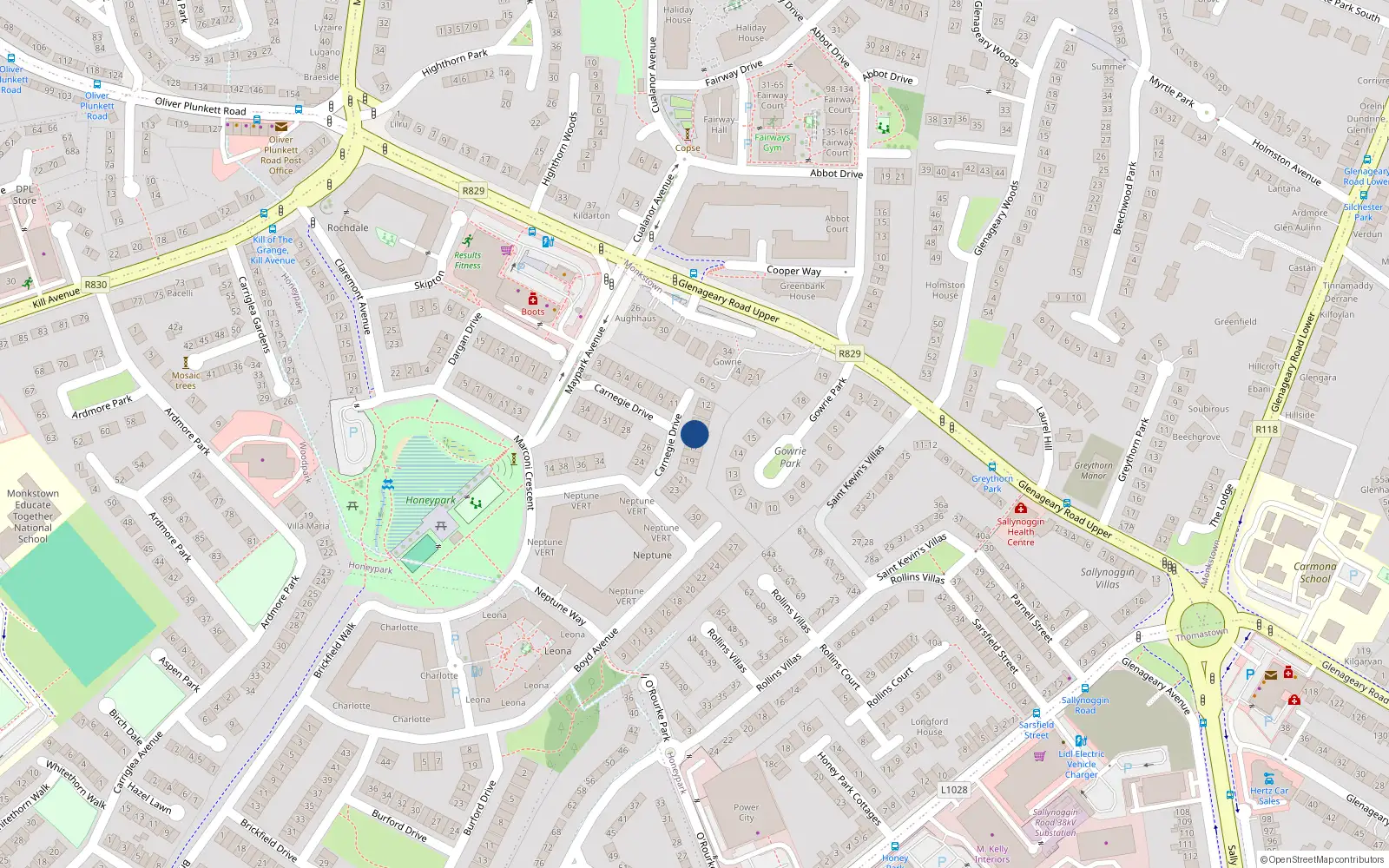Overhead map showing the location of 16 Carnegie Drive, Dunlaoghaire