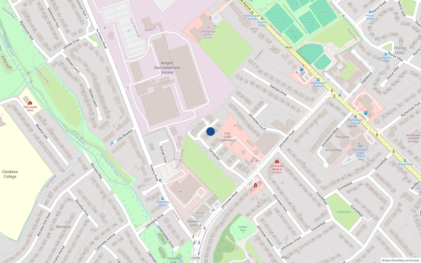 Overhead map showing the location of 16 Carraig Bui, Baile Átha Cliath