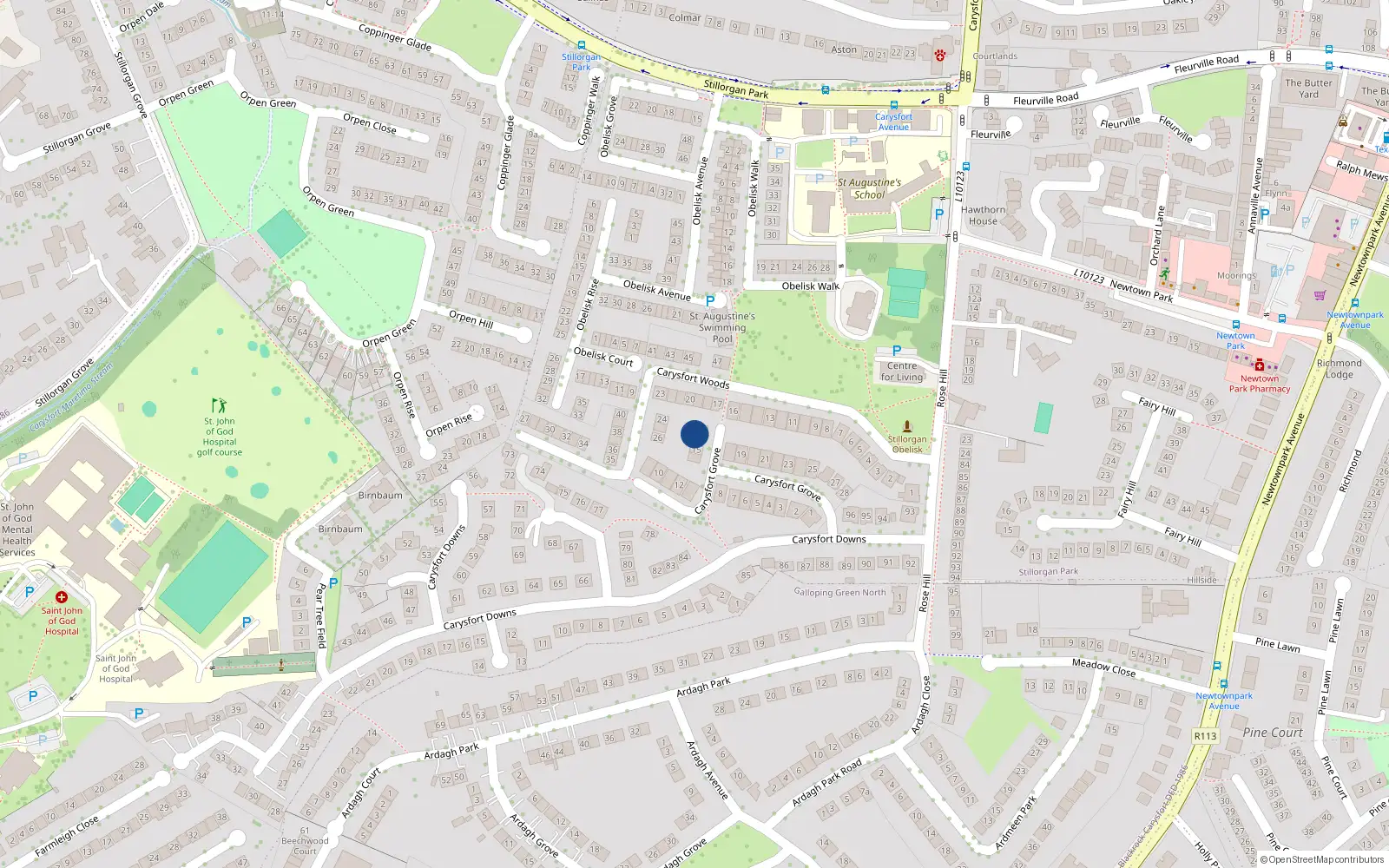 Overhead map showing the location of 16 Carysfort Grove, Blackrock, Dublin