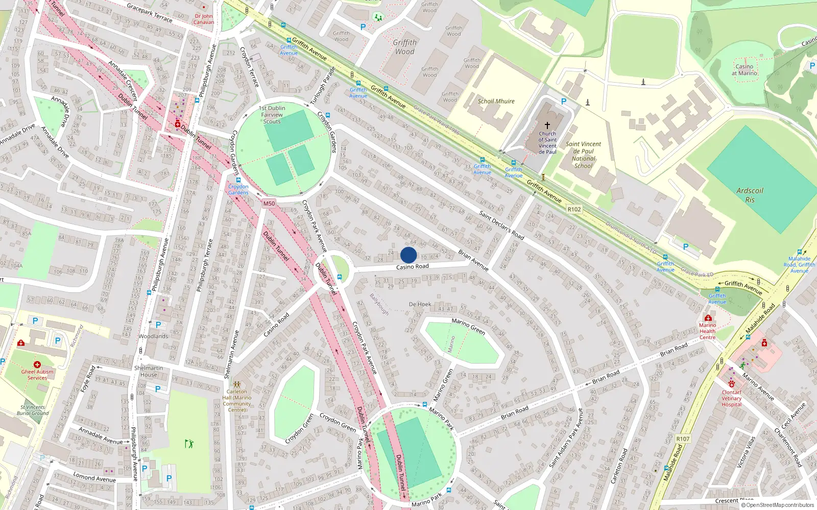 Overhead map showing the location of 16 Casino Road, Dublin 3