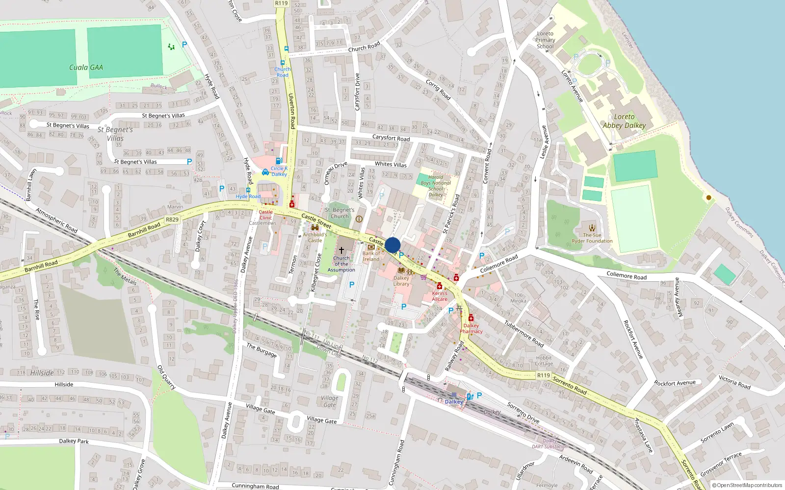 Overhead map showing the location of 16 Castle Street, Dalkey