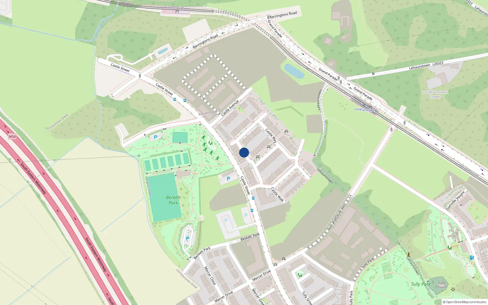 Overhead map showing the location of 16 Castle Way, Laughanstown