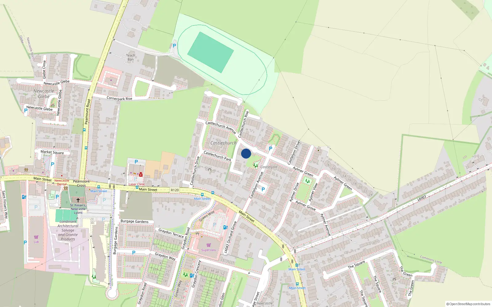Overhead map showing the location of 16 Castlechurch Avenue, Cornerpark