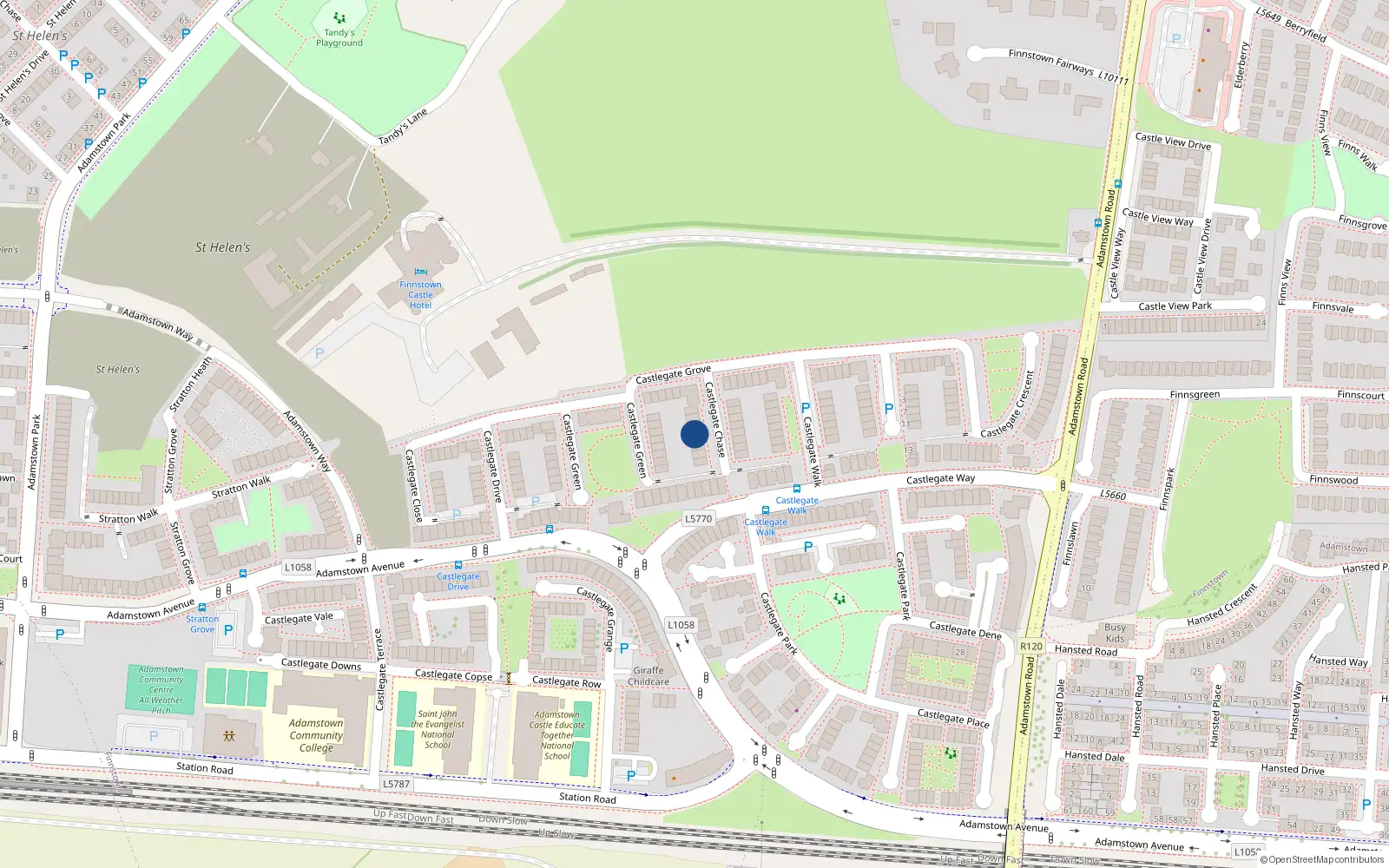 Overhead map showing the location of 16 Castlegate Chase, Adamstown, Dublin
