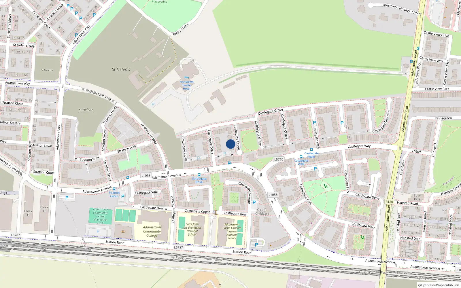 Overhead map showing the location of 16 Castlegate Green, Lucan