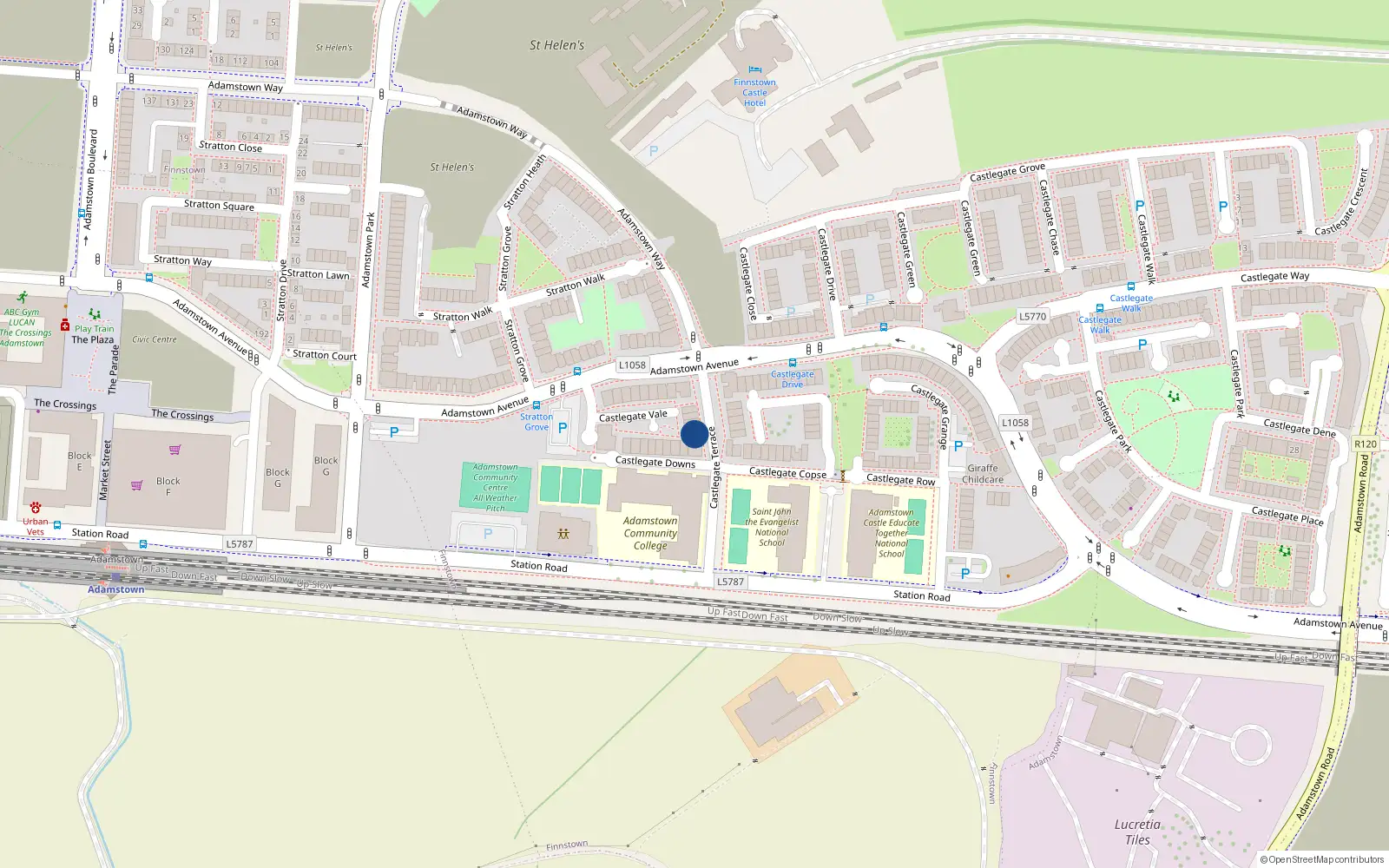 Overhead map showing the location of 16 Castlegate Terrace, Adamstown Castle, Lucan