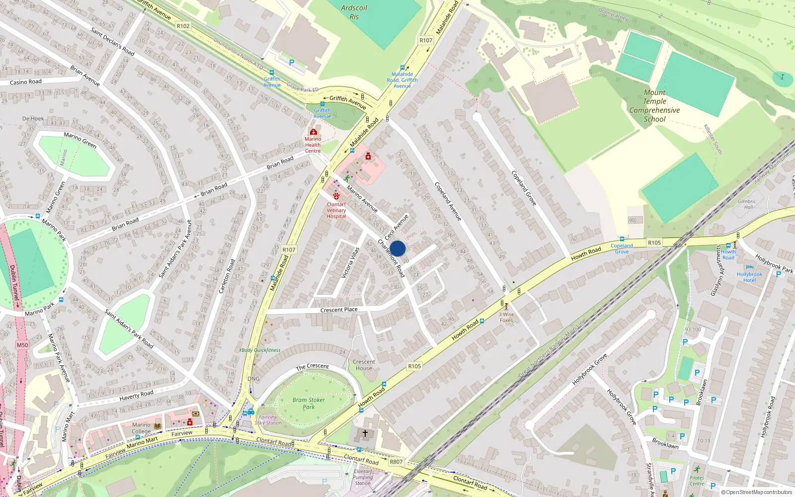 Overhead map showing the location of 16 Charlemont Road, Dublin 3