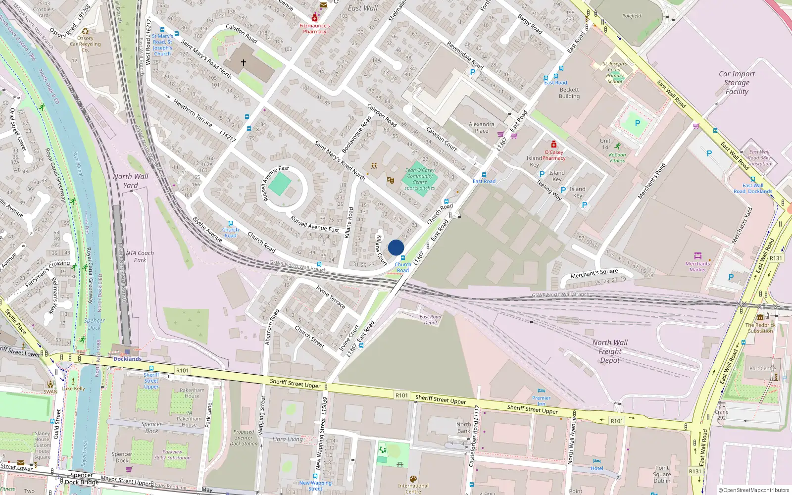 Overhead map showing the location of 16 Church Road, East Wall, Dublin 3