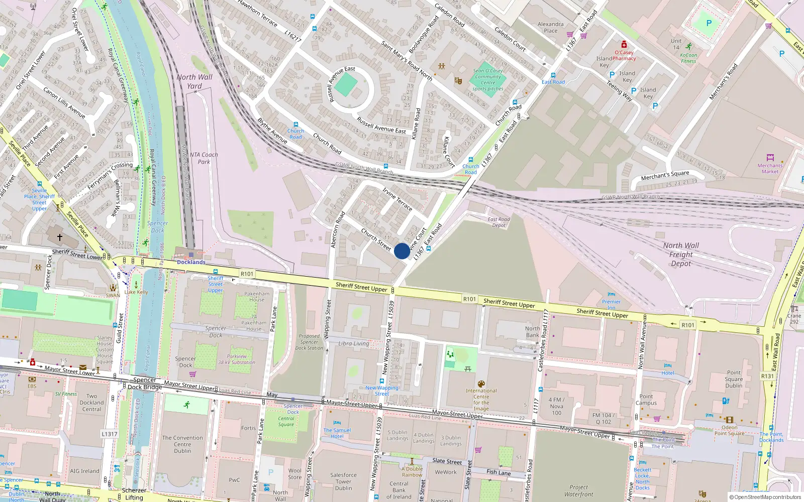 Overhead map showing the location of 16 Church St East, East Wall, Dublin 3