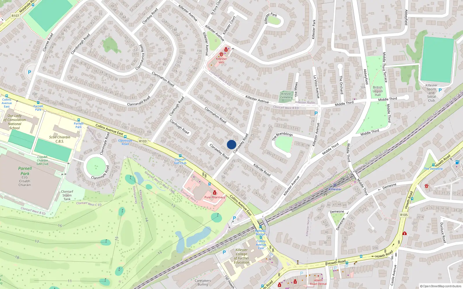 Overhead map showing the location of 16 Clanawley Road, Killester, Dublin 5