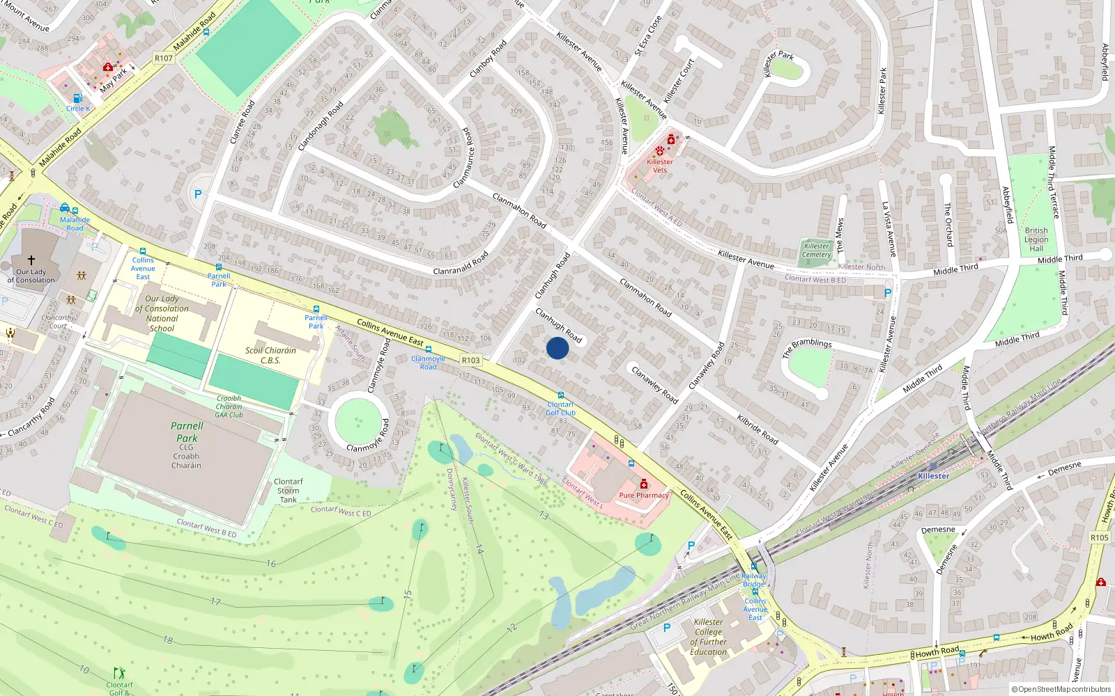 Overhead map showing the location of 16 Clanhugh Road, Donnycarney, Dublin 5