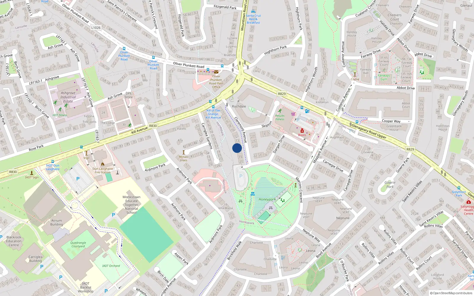 Overhead map showing the location of 16 Claremont Avenue, Honey Park, Dun Laoghaire
