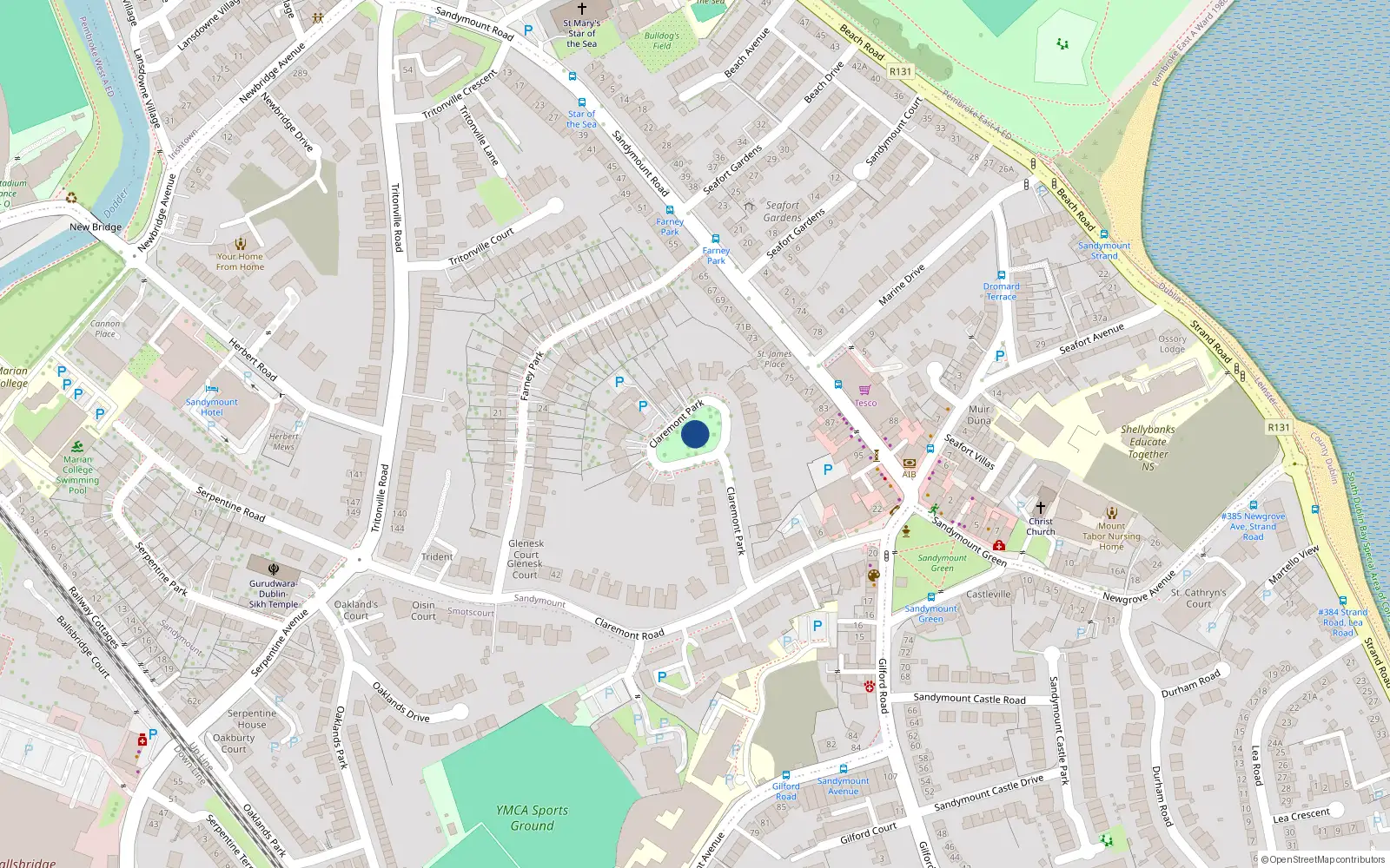 Overhead map showing the location of 16 Claremont Park, Sandymount