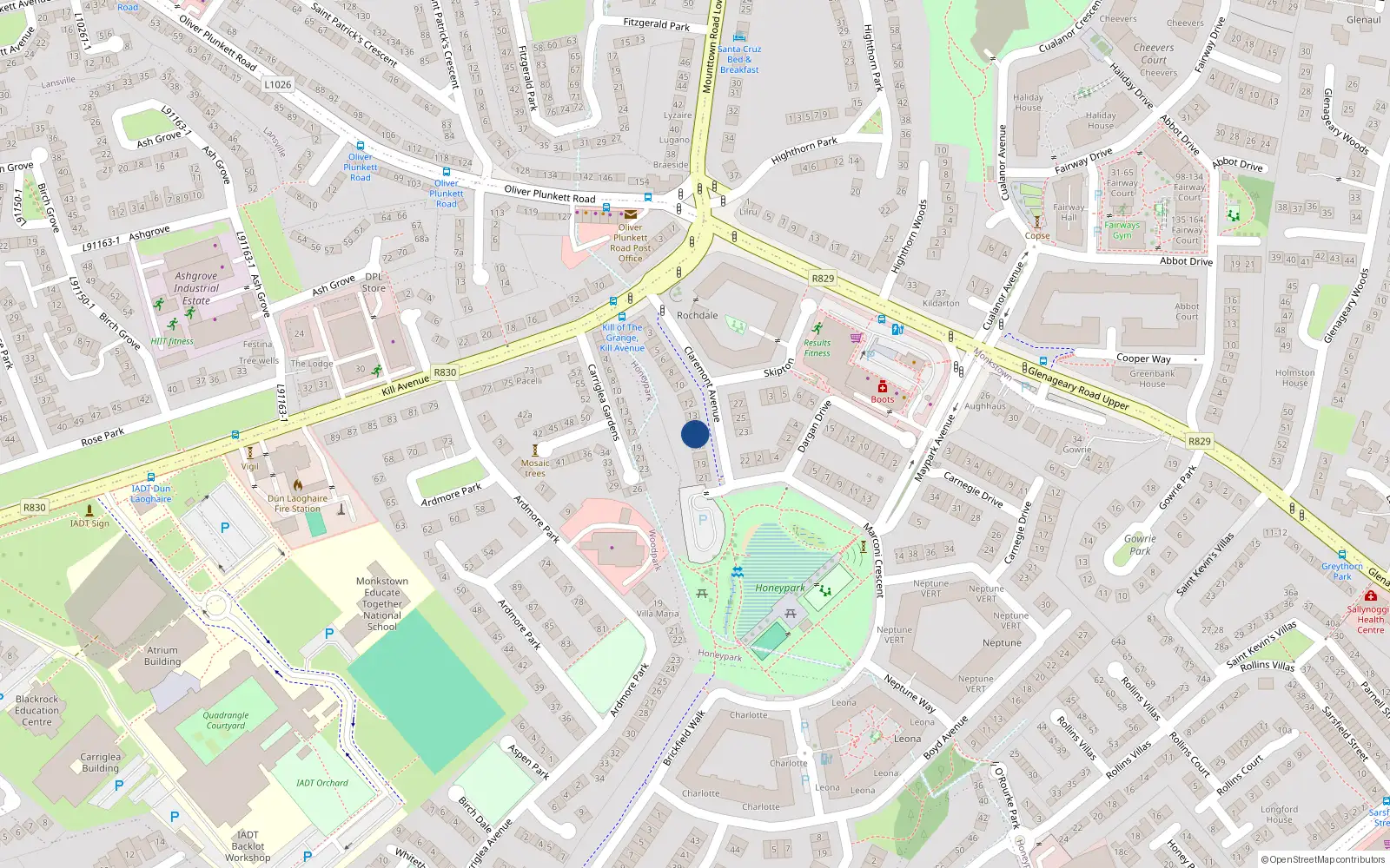 Overhead map showing the location of 16 Claremount Avenue, Honeypark, Dun Laoghaire