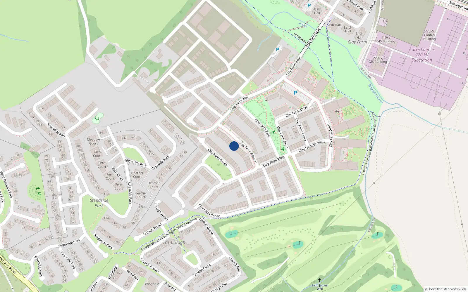 Overhead map showing the location of 16 Clay Farm Avenue, Kilgobbin