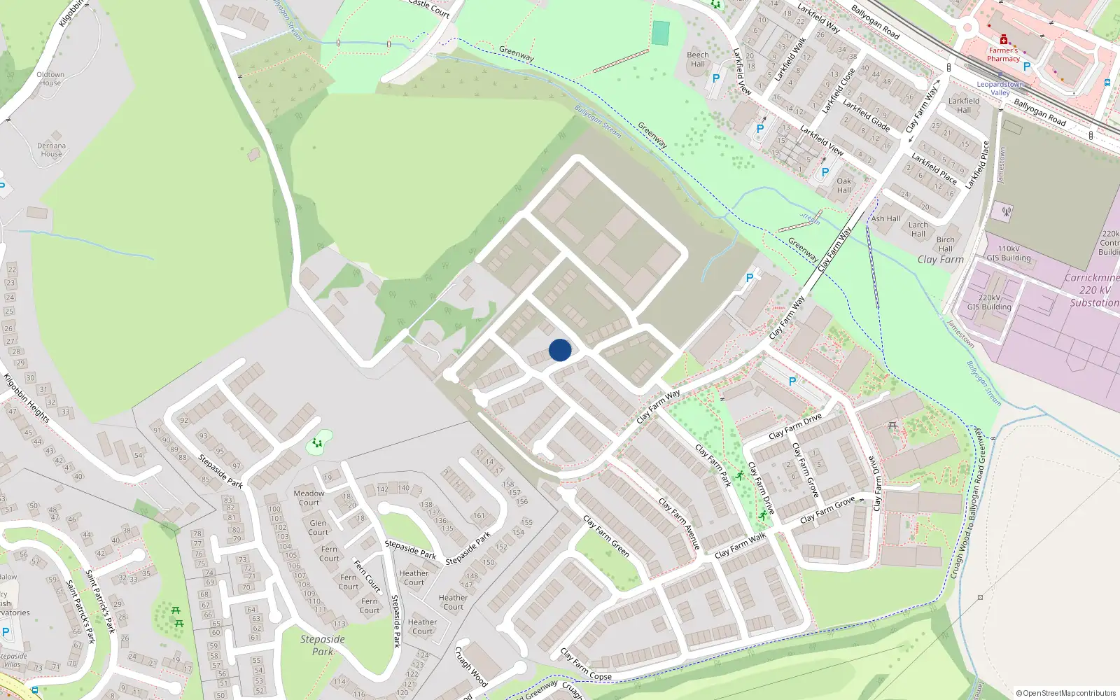 Overhead map showing the location of 16 Clay Farm Glade, Dublin 18