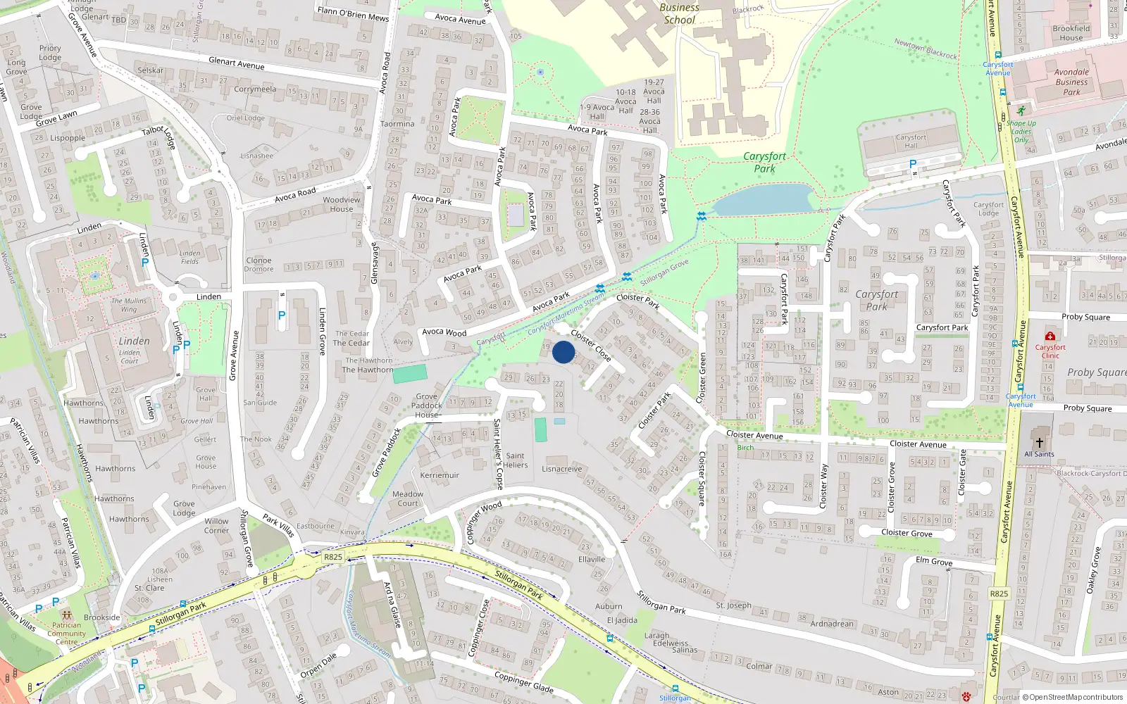Overhead map showing the location of 16 Cloister Close, Carysfort Avenue, Blackrock
