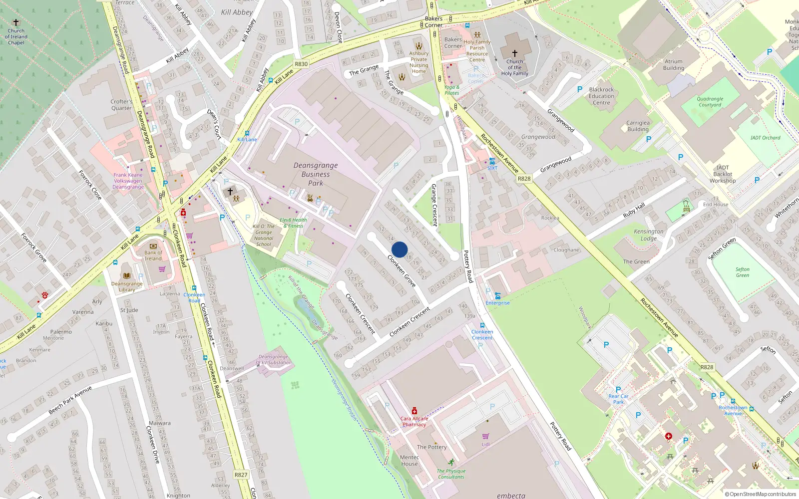 Overhead map showing the location of 16 Clonkeen Grove, Dun Laoghaire, Dublin