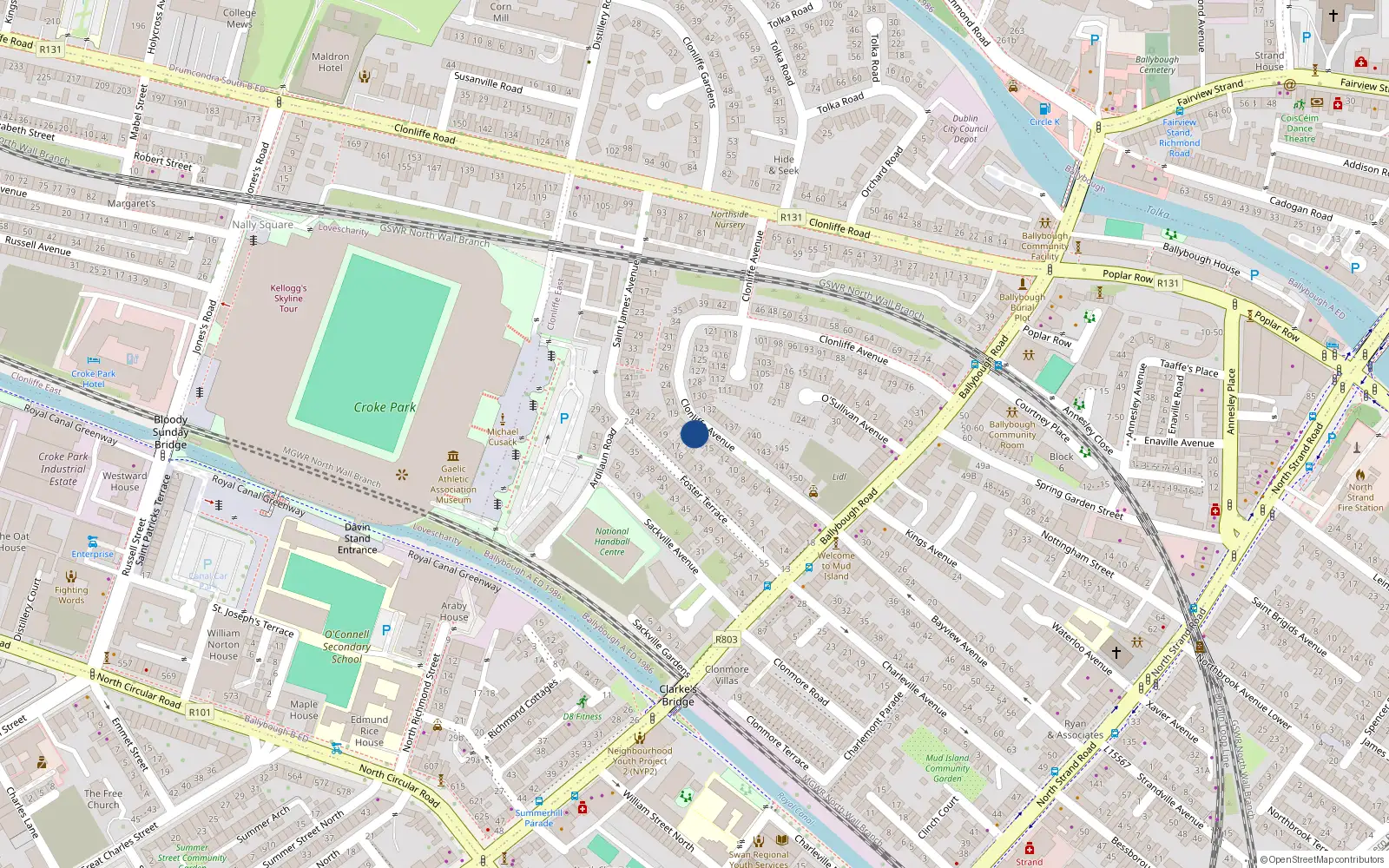 Overhead map showing the location of 16 Clonliffe Avenue, Dublin 3