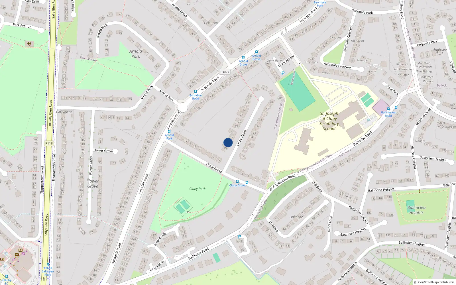 Overhead map showing the location of 16 Cluny Grove, Killiney