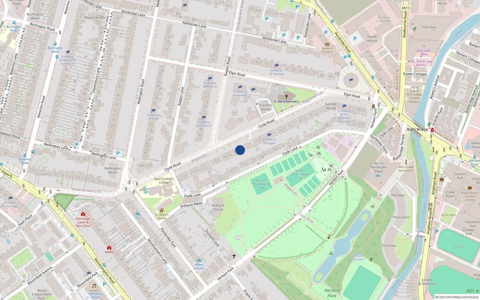 Overhead map showing the location of 16 Clyde Road, Dublin 4
