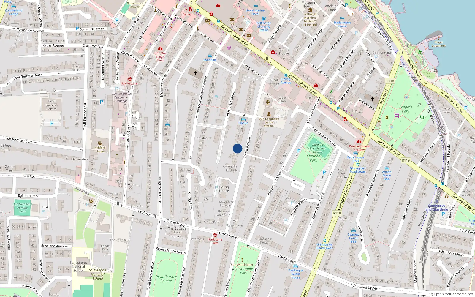 Overhead map showing the location of 16 Corrig Avenue, Dun Laoghaire, Co Dublin