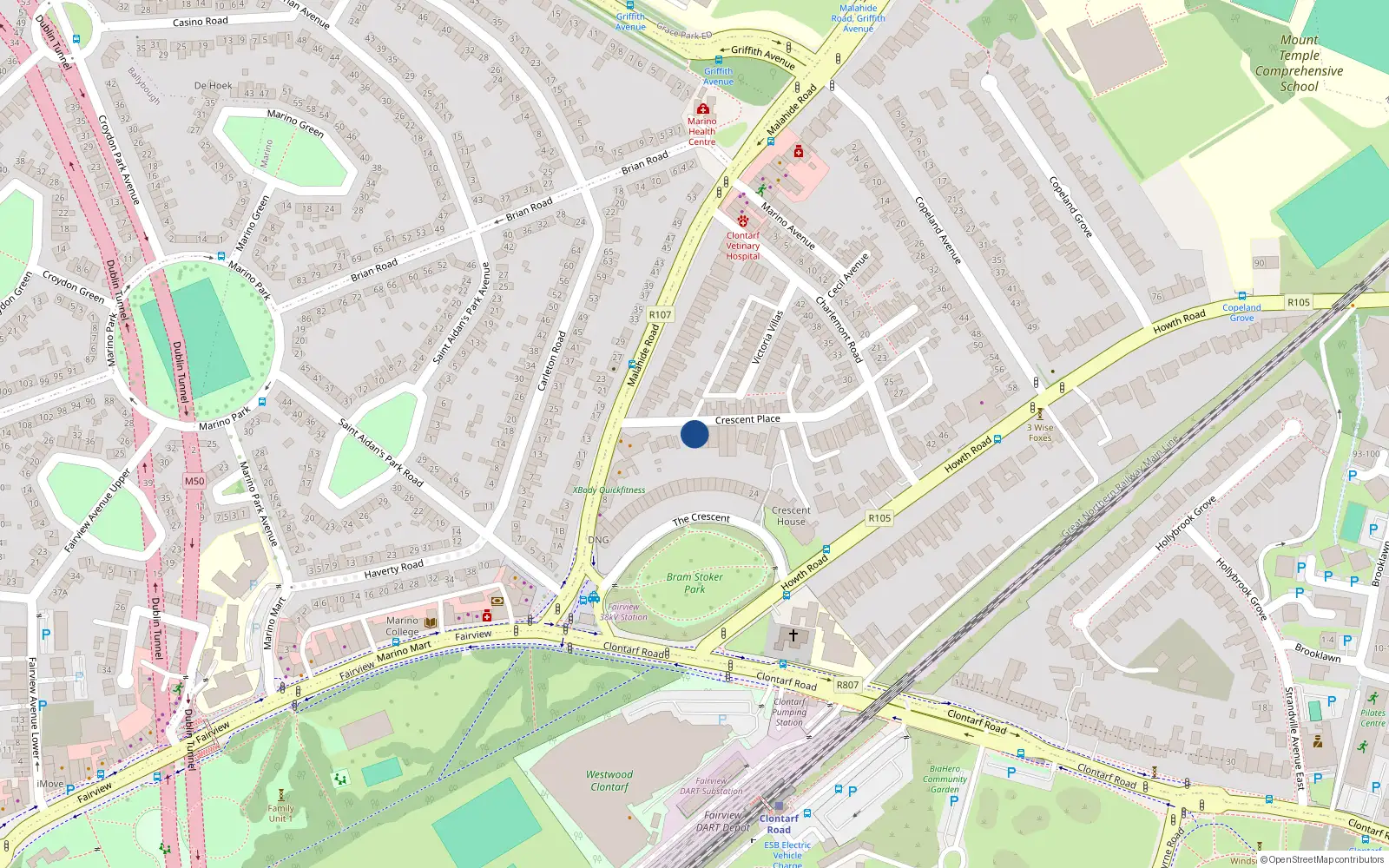 Overhead map showing the location of 16 Crescent Place, Dublin 3