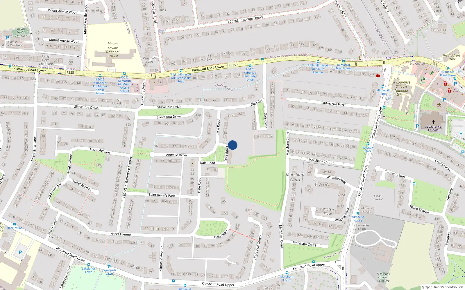 Overhead map showing the location of 16 Dale Road, Dublin
