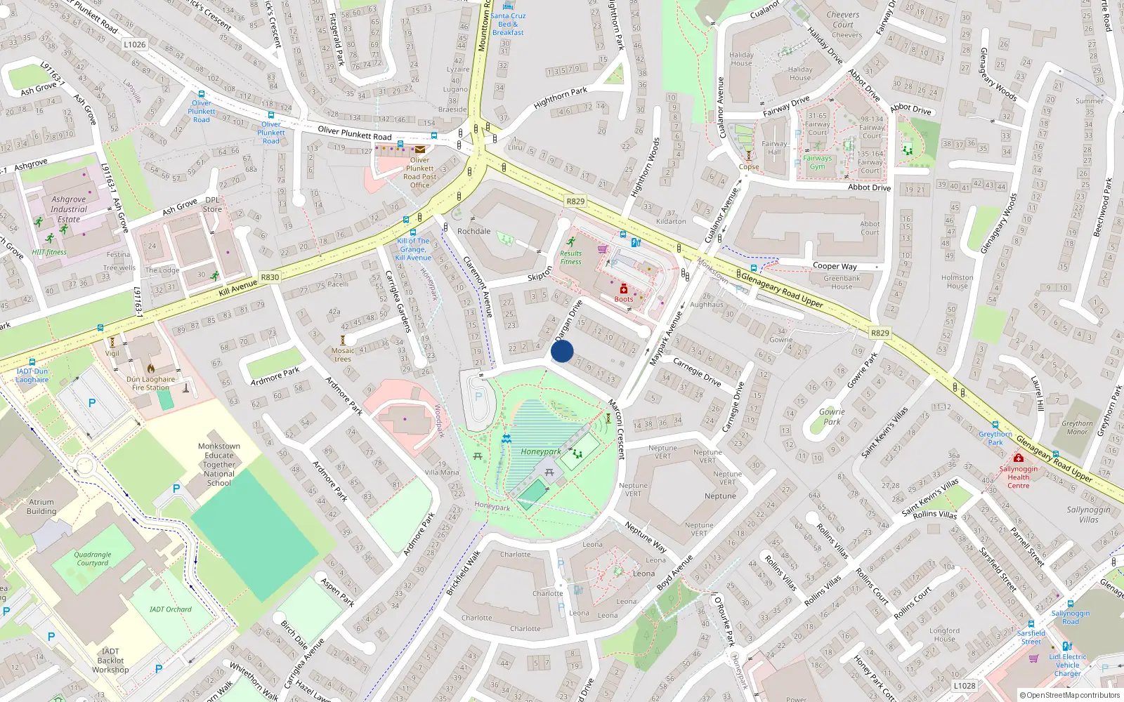 Overhead map showing the location of 16 Dargan Drive, Dun Laoghaire