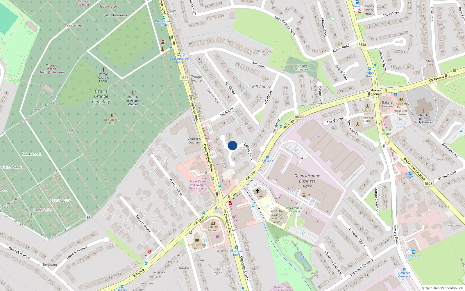 Overhead map showing the location of 16 Deans Court, Blackrock